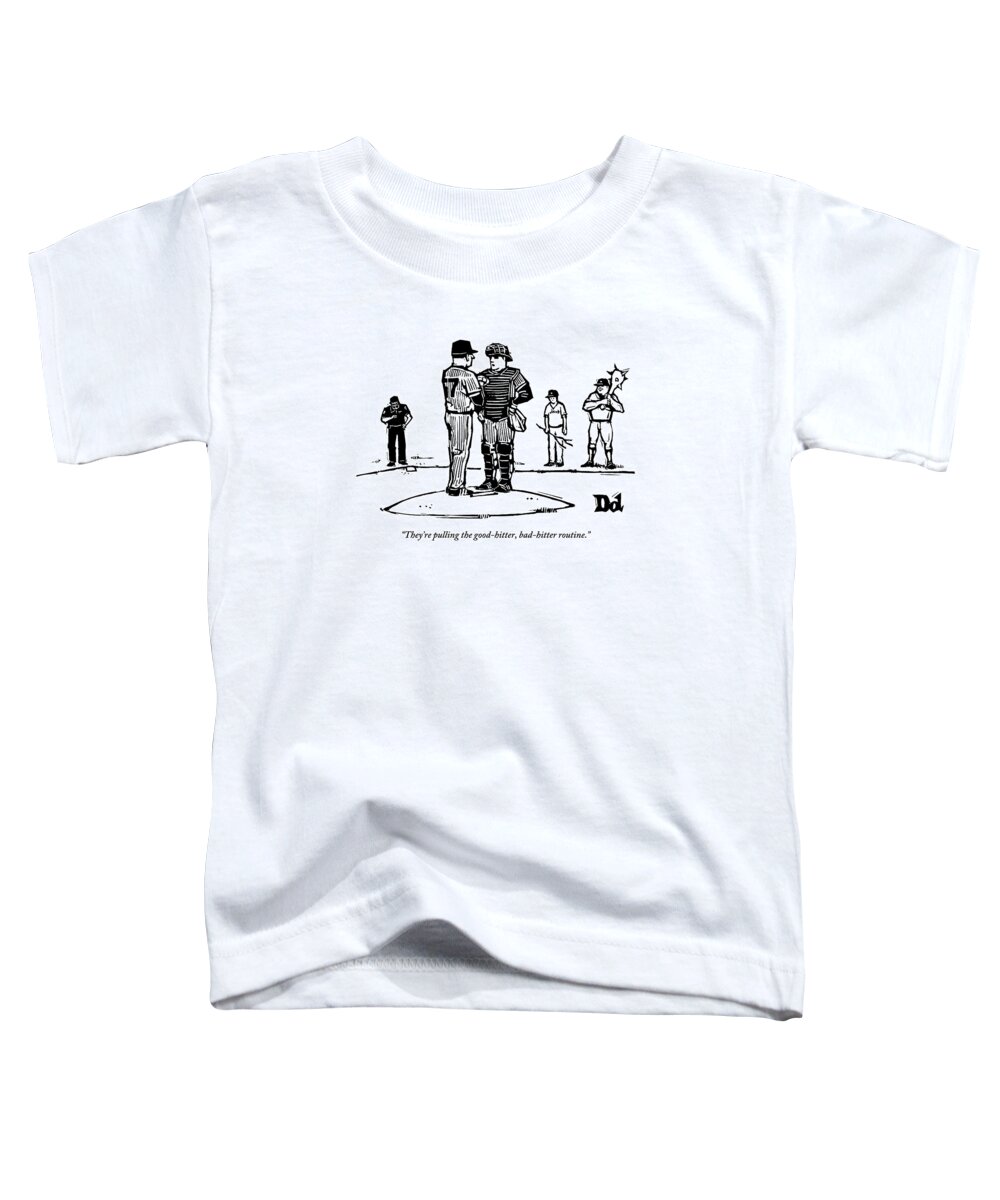 Baseball Toddler T-Shirt featuring the drawing Pitcher And Catcher Stand On Pitcher's Mound by Drew Dernavich