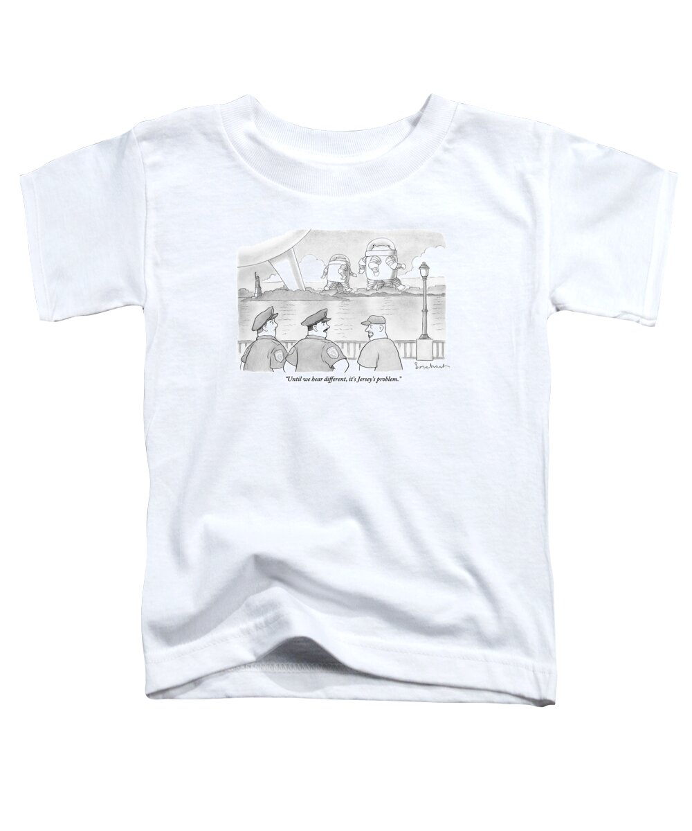 Space - Aliens Toddler T-Shirt featuring the drawing Police Officers Look Across The River As Aliens by David Borchart