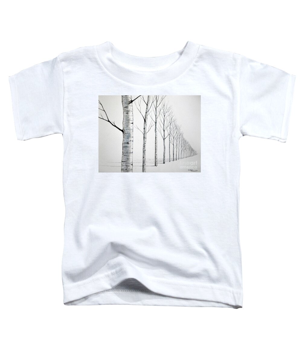 Birch Tree Toddler T-Shirt featuring the painting Row of Birch Trees in the Snow by Christopher Shellhammer