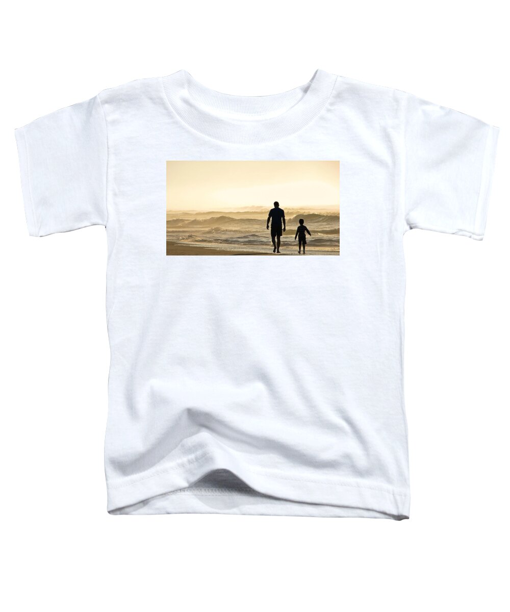 Ocean-walk Toddler T-Shirt featuring the photograph Silhouetted Father and Son Walk Beach by Jo Ann Tomaselli