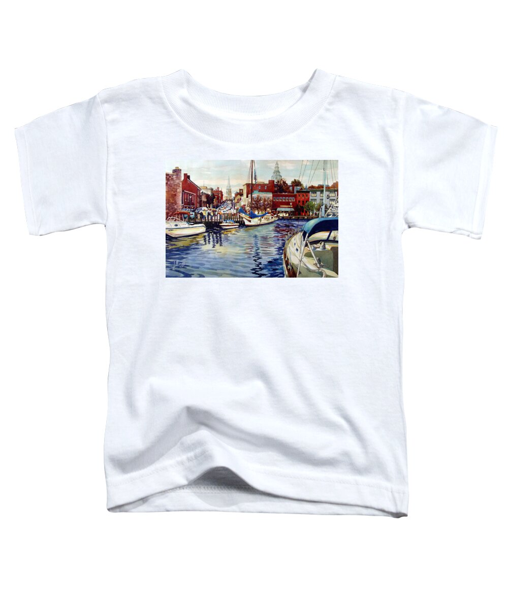 Watercolor Toddler T-Shirt featuring the painting Sunset on the Harbor by Mick Williams