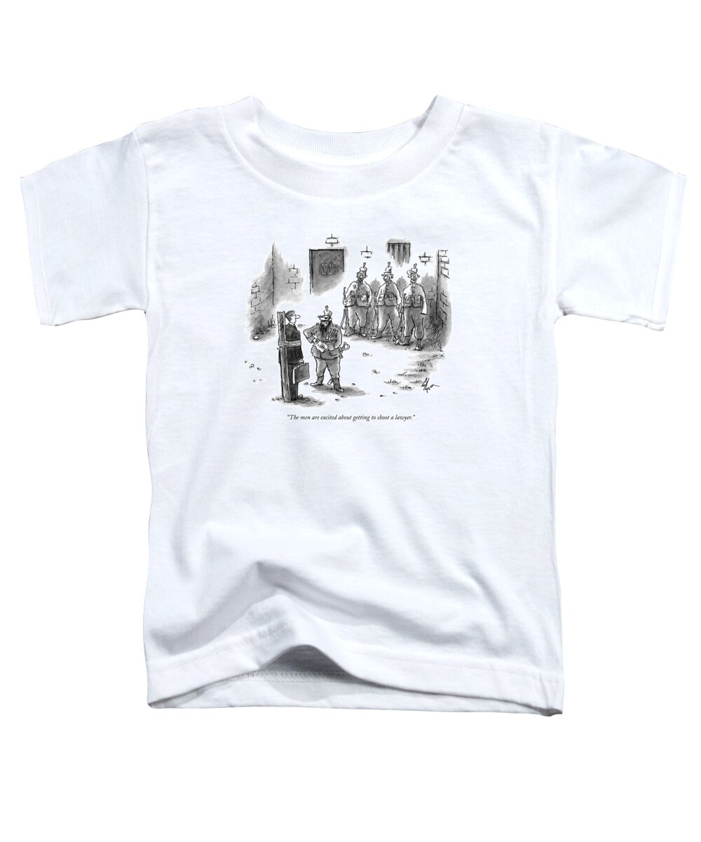 
(foreign Military General Speaks To Prisoner Who Is Tied Up Against A Wooden Post And Is Facing A Firing Squad.)
Death Toddler T-Shirt featuring the drawing The Men Are Excited About Getting To Shoot by Frank Cotham