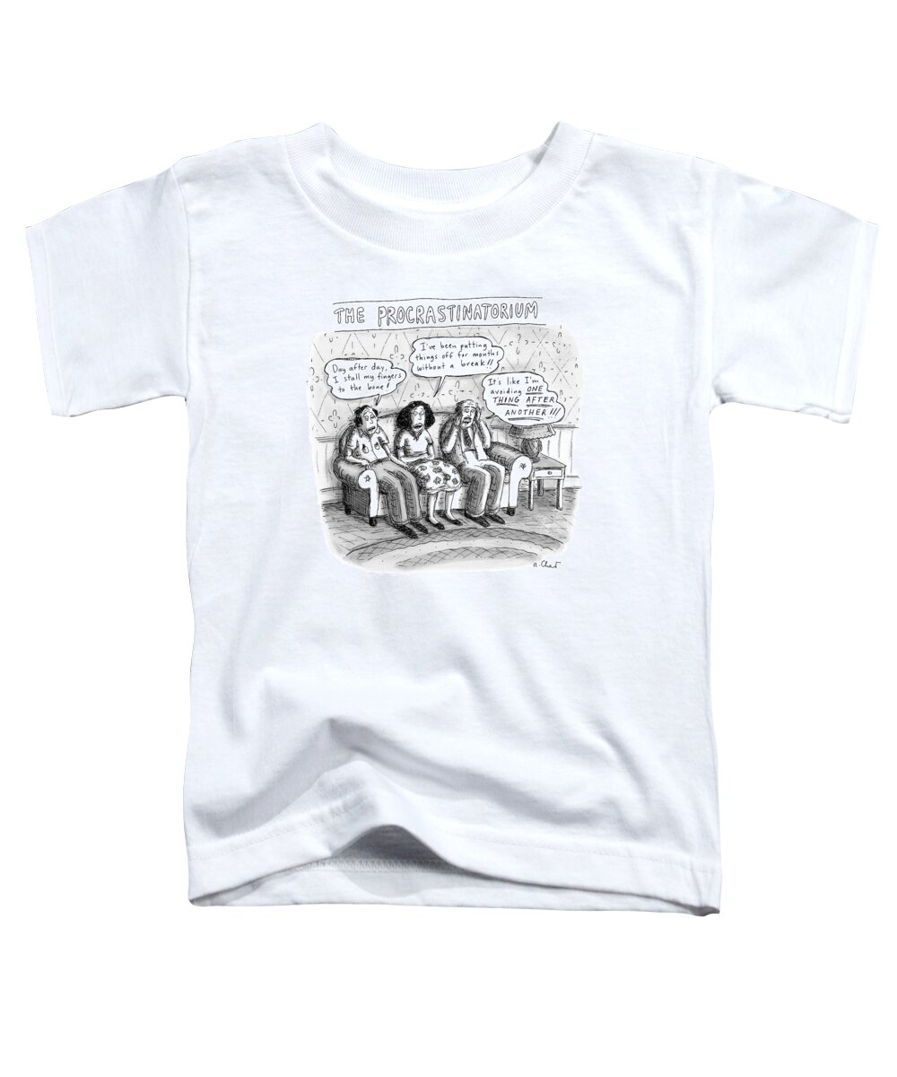Couch Toddler T-Shirt featuring the drawing Three People Sit On A Couch Next To An End Table by Roz Chast