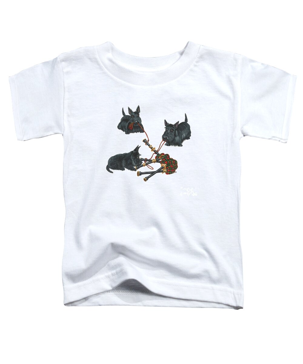 Painting Toddler T-Shirt featuring the painting Three Scotties and the Pipes by Margaryta Yermolayeva