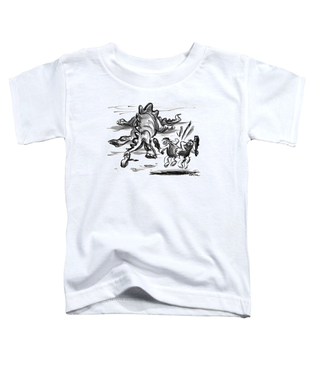 Captionless Toddler T-Shirt featuring the drawing Two Cavemen Do A Butt-bump Beside A Slain by Lee Lorenz