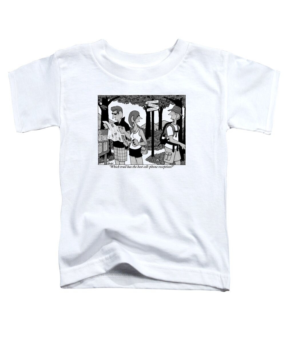 Hiking Toddler T-Shirt featuring the drawing Two Hikers Looking At A Map Are Seen Speaking by William Haefeli