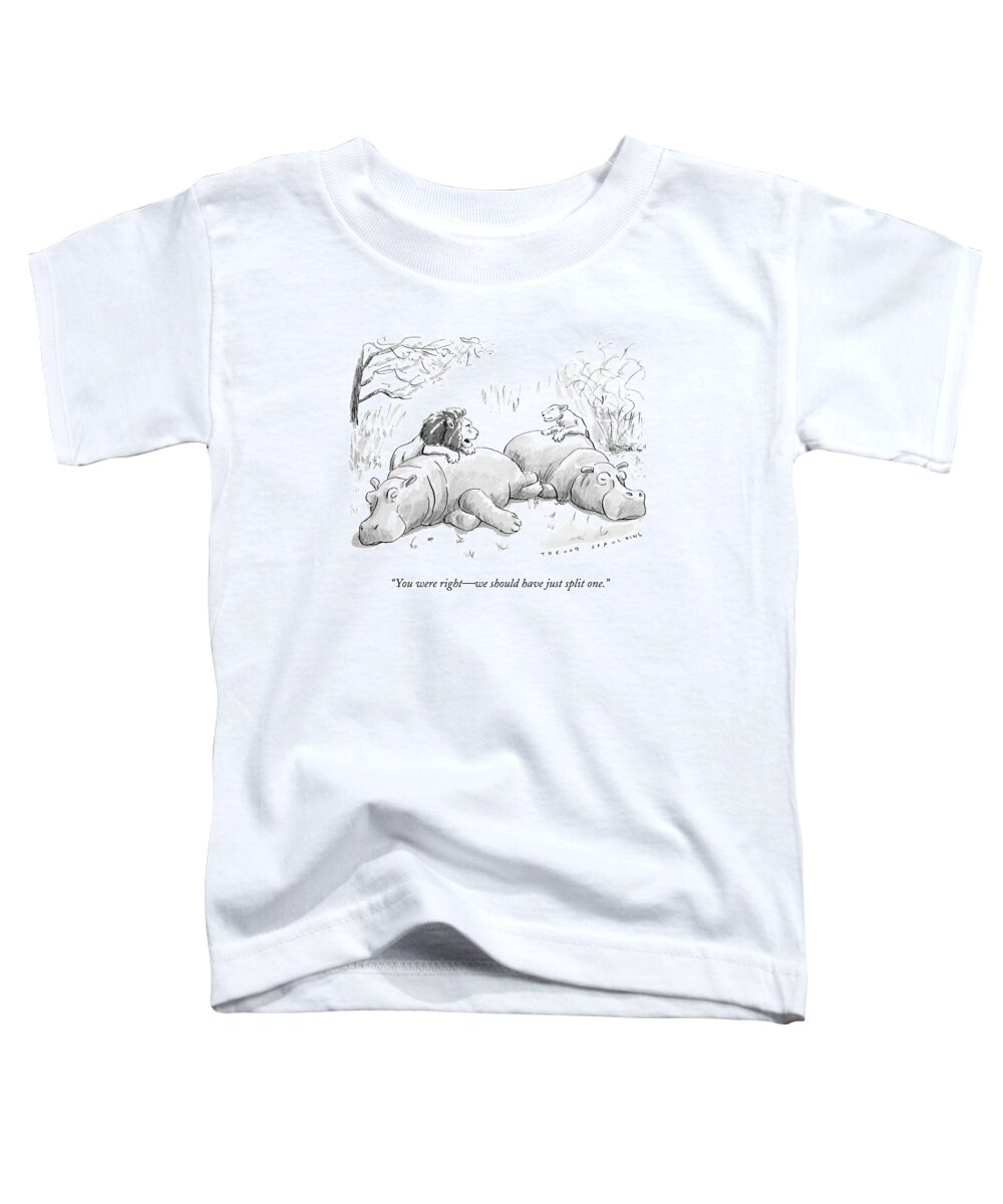 Lion Toddler T-Shirt featuring the drawing Two Lions Prepare To Dine On Two Hippopotami by Trevor Spaulding