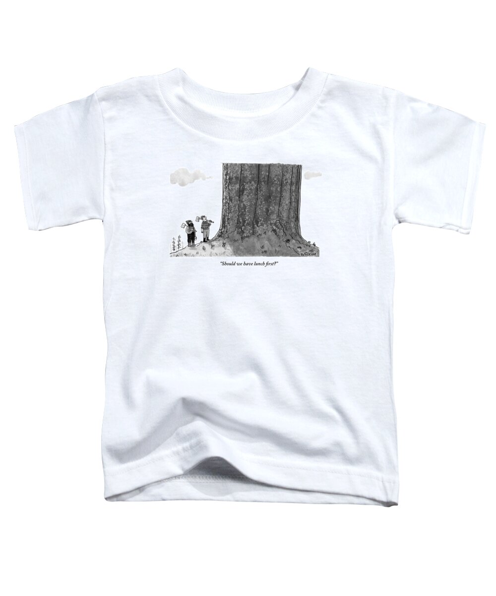 Lumberjacks Toddler T-Shirt featuring the drawing Two Lumberjacks With Axes Stare Up At A Giant by Jason Patterson