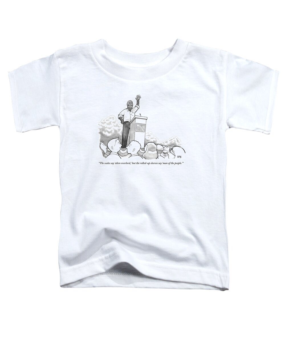 Politicians-speeches Toddler T-Shirt featuring the drawing Two Men Speak In Foreground As Alien Politician by Benjamin Schwartz