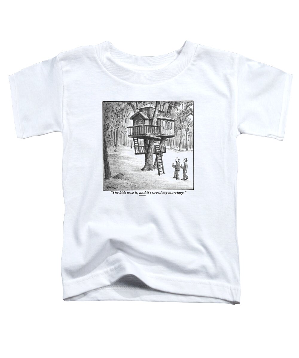 Treehouses Toddler T-Shirt featuring the drawing Two Men With Beers Are Seen Walking Towards by Harry Bliss