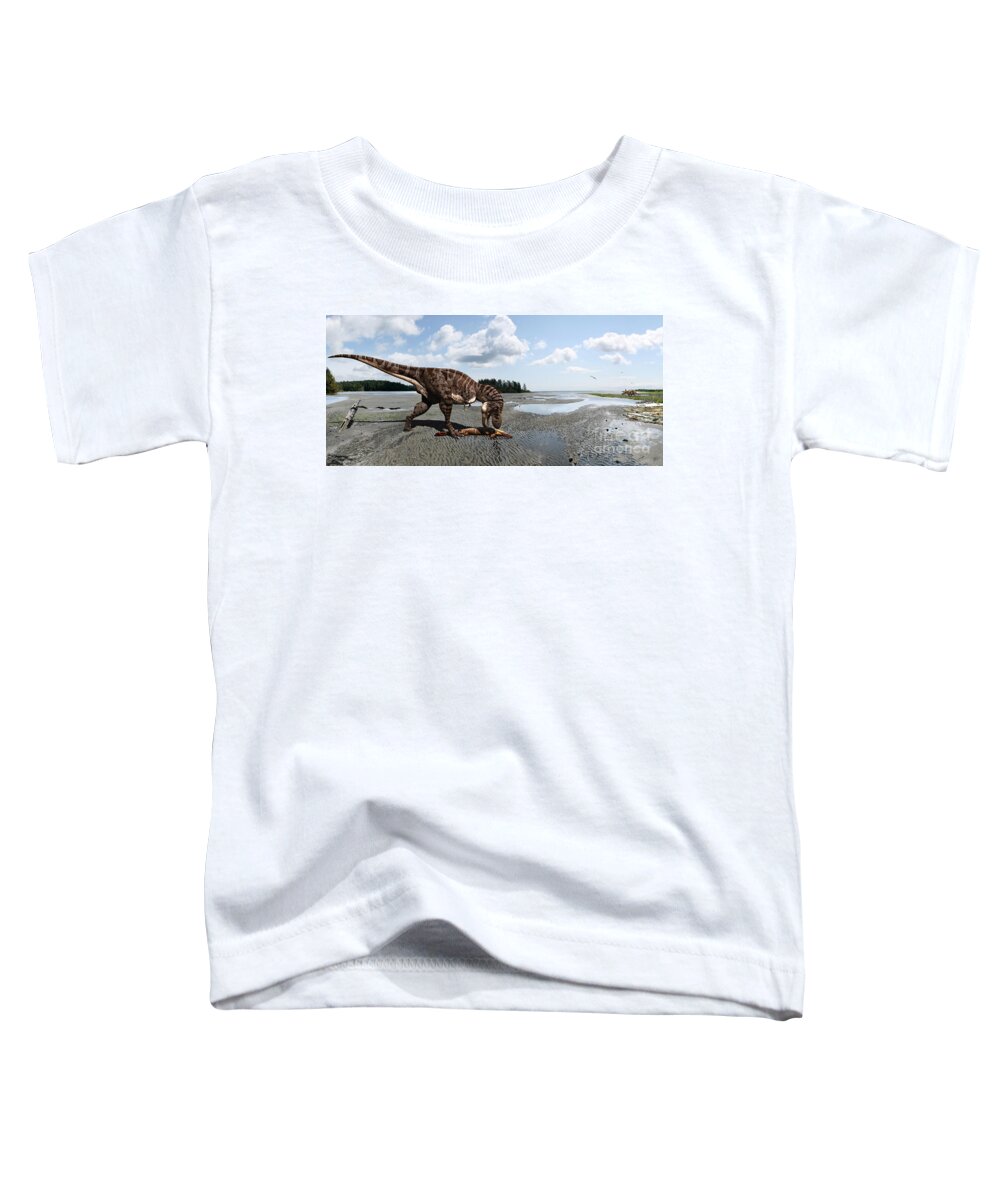 Dinosaur Toddler T-Shirt featuring the digital art Tyrannosaurus enjoying seafood - wide format by Julius Csotonyi