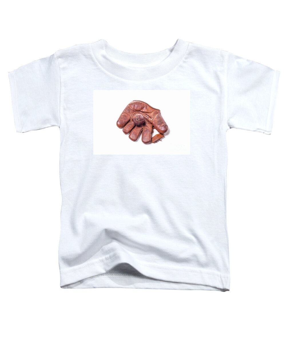 'national Pastime' Toddler T-Shirt featuring the photograph Vintage baseball glove and ball by Patricia Hofmeester