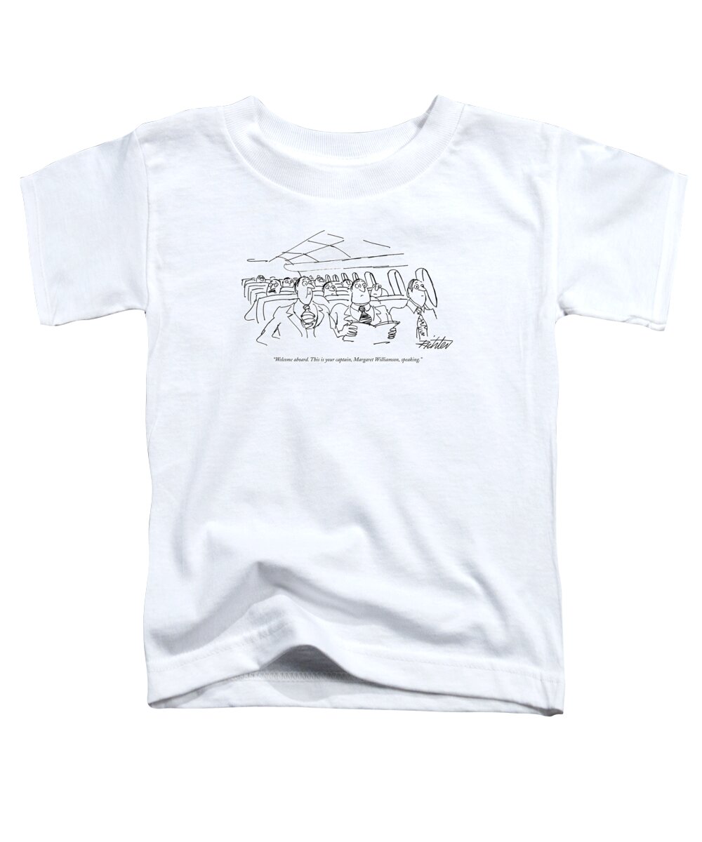 (planeful Of Obviously Surprised Businessmen Listen To Pilot's Voice Over Intercom.) Toddler T-Shirt featuring the drawing Welcome Aboard. This Is Your Captain by Mischa Richter