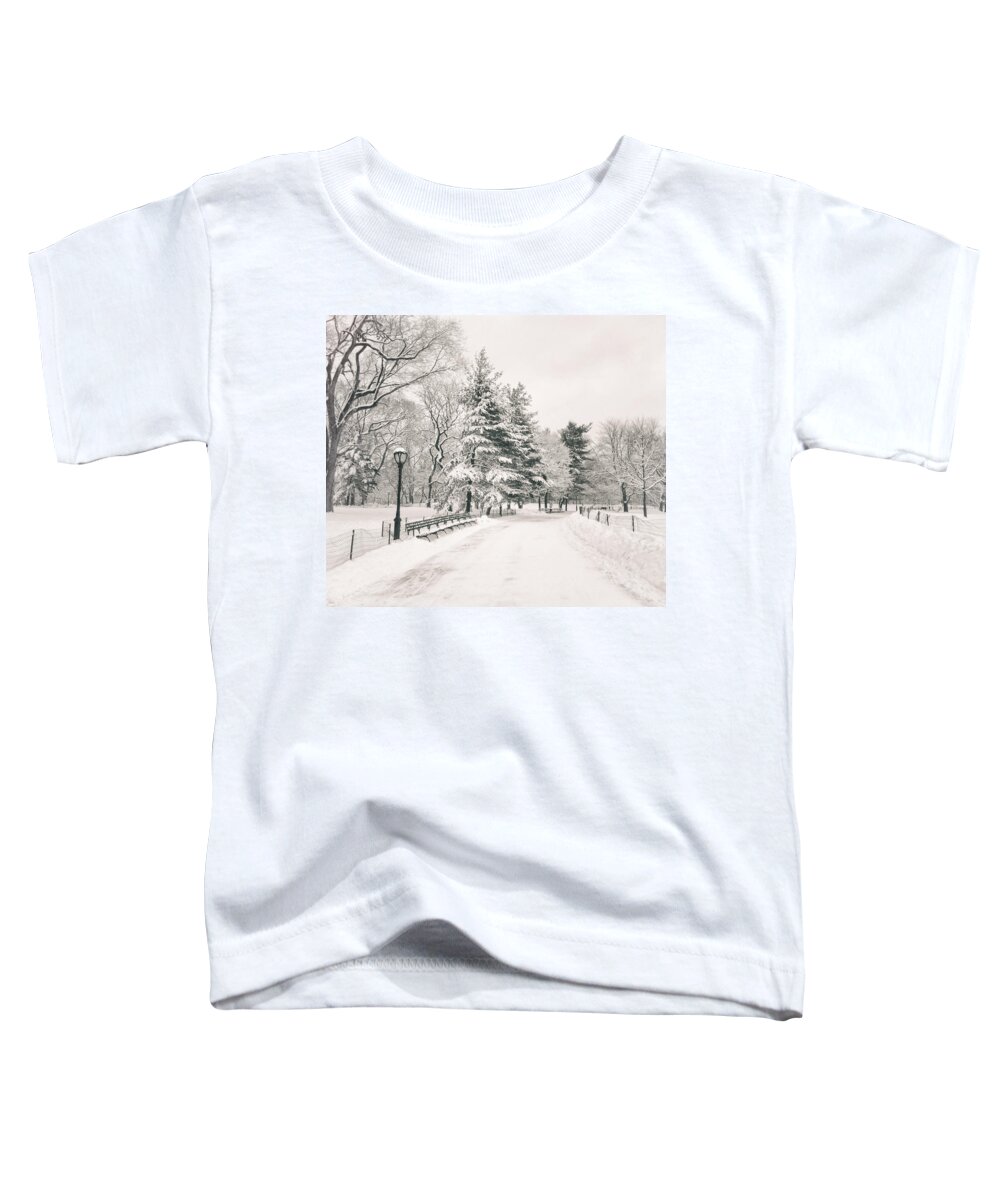 Winter Toddler T-Shirt featuring the photograph Winter Path - Snow Covered Trees in Central Park by Vivienne Gucwa