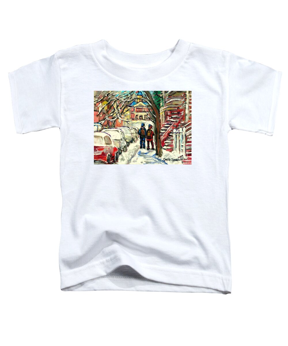 Montreal Toddler T-Shirt featuring the painting Winter Scene Painting Rows Of Snow Covered Cars First School Day After Christmas Break Montreal Art by Carole Spandau