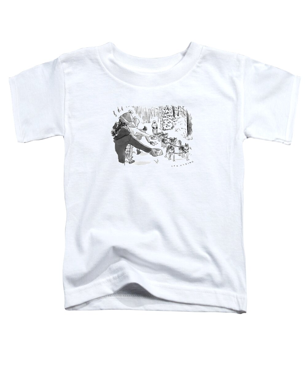 Captionless Marathon Toddler T-Shirt featuring the drawing Winter Suited Volunteers Hold Out Dog Dishes by Trevor Spaulding