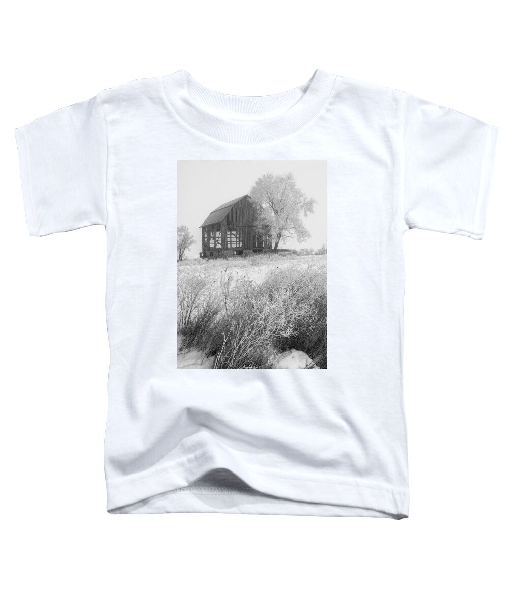 Barn Toddler T-Shirt featuring the photograph Black and white photo of an old dilapitated barn in an early morning hoar frost by Randall Nyhof