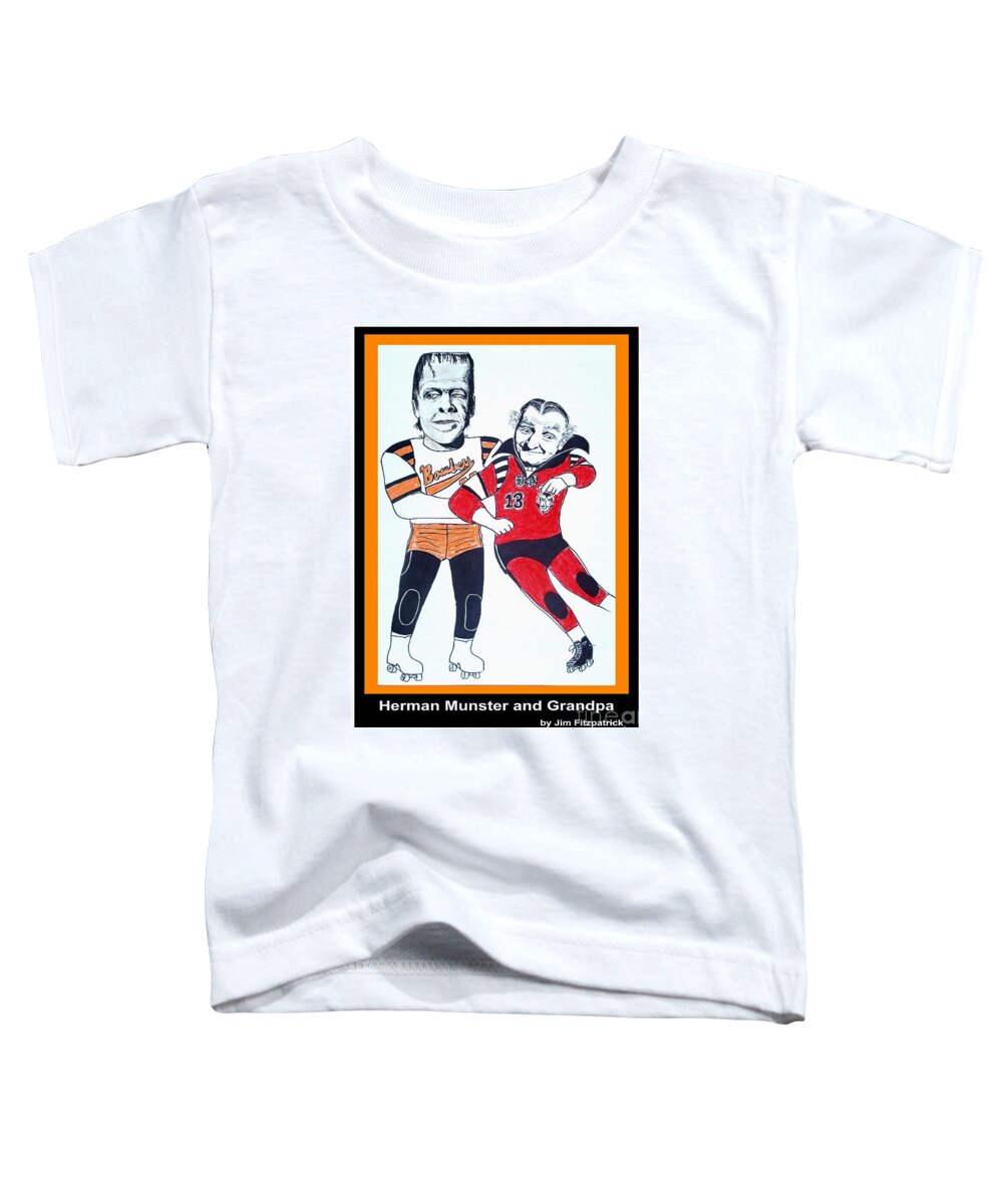 Herman And Grandpa Munster Playing Roller Derby Toddler T-Shirt featuring the drawing Herman and Grandpa Munster playing Roller Derby by Jim Fitzpatrick