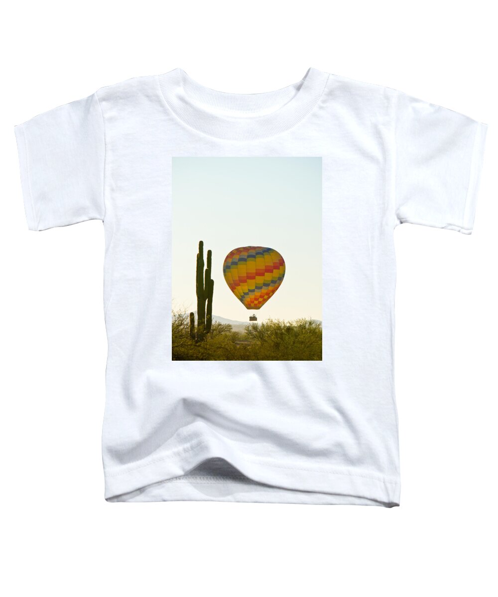 Arizona Toddler T-Shirt featuring the photograph Hot Air Balloon In the Arizona Desert With Giant Saguaro Cactus by James BO Insogna