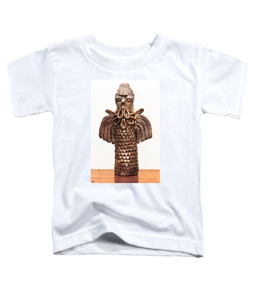 Owl Toddler T-Shirt featuring the sculpture Owl Totem bronze gold color wings beak hair penetrating eyes scales feathers  by Rachel Hershkovitz