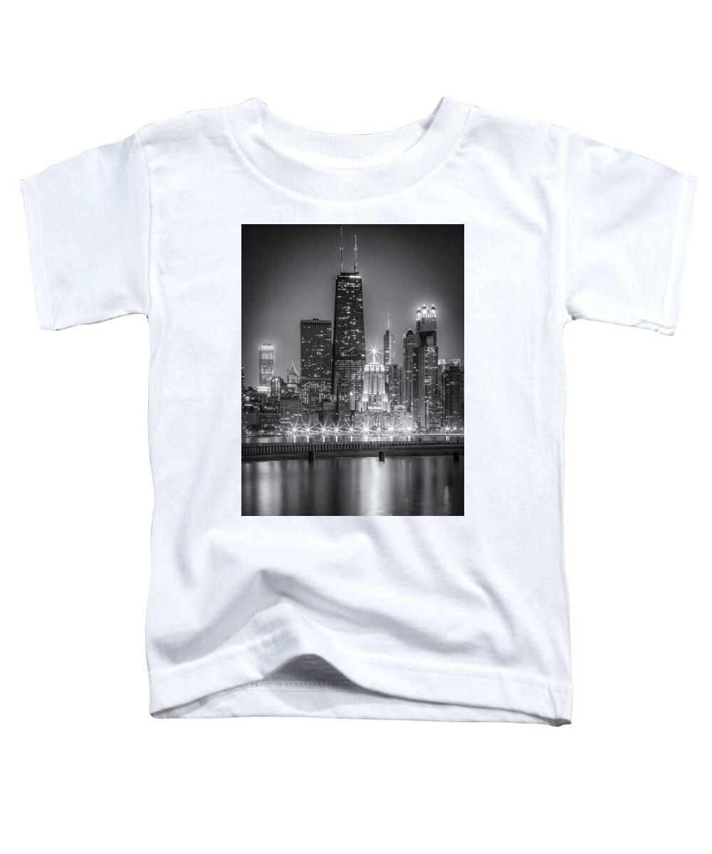 Chicago Toddler T-Shirt featuring the photograph Black and White Chicago Night Skyline by Lev Kaytsner