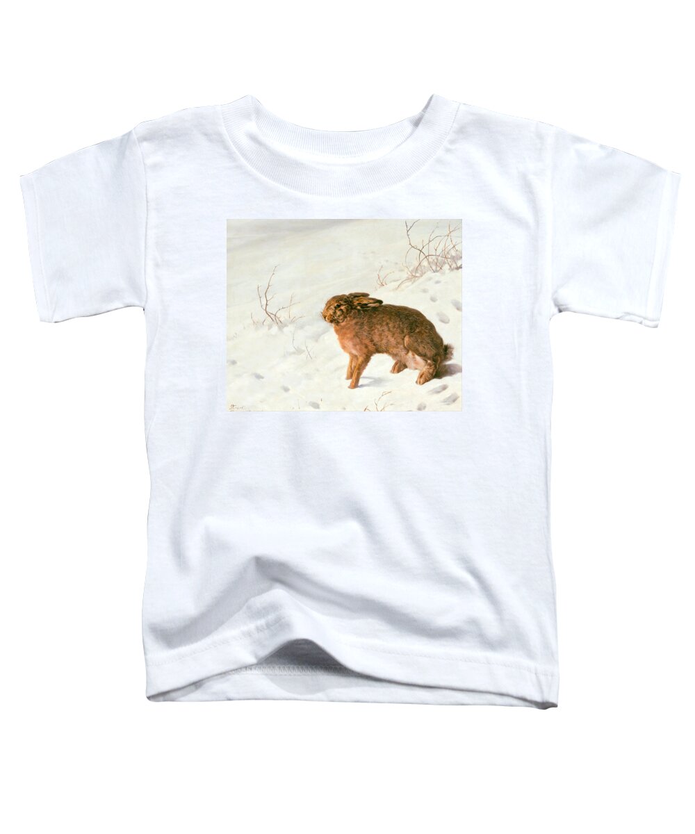 Ferdinand Von Rayski Toddler T-Shirt featuring the painting Hare in the Snow #4 by Ferdinand von Rayski