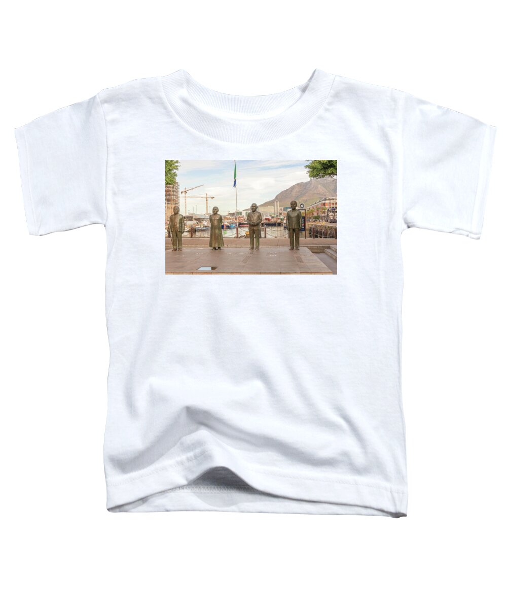 Bronze Toddler T-Shirt featuring the photograph Nobel Square at waterfront in Cape Town with the four statues of #1 by Marek Poplawski