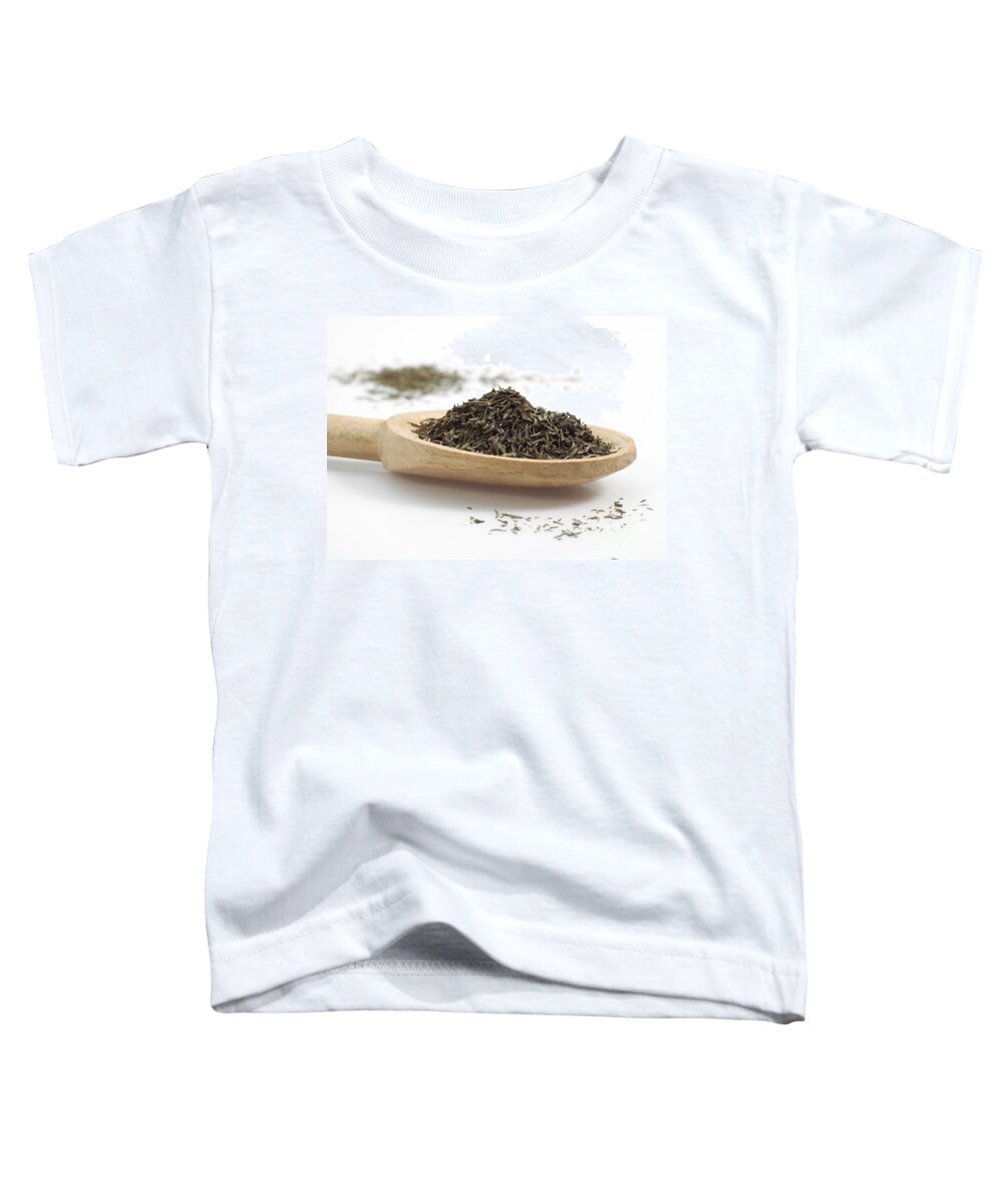 Aromatic Plant Toddler T-Shirt featuring the photograph Provencal Thyme In Wooden Spoon #1 by Gerard Lacz