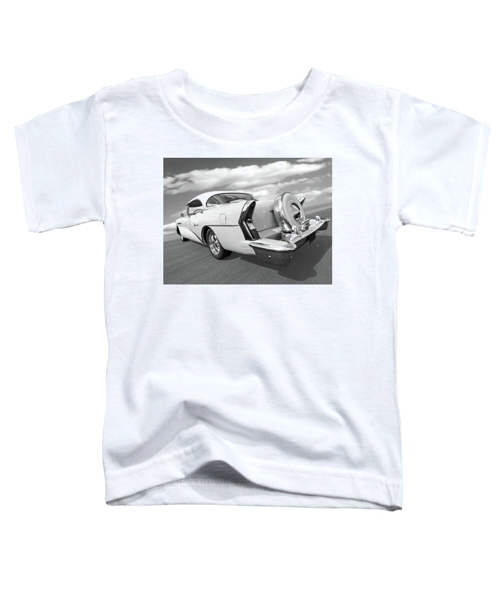 Buick Toddler T-Shirt featuring the photograph 1956 Buick Special Rear In Black And White by Gill Billington