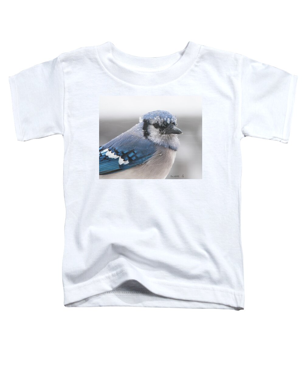 Blue Jay In A Blizzard Toddler T-Shirt featuring the photograph Blue Jay in a blizzard #2 by Diane Giurco
