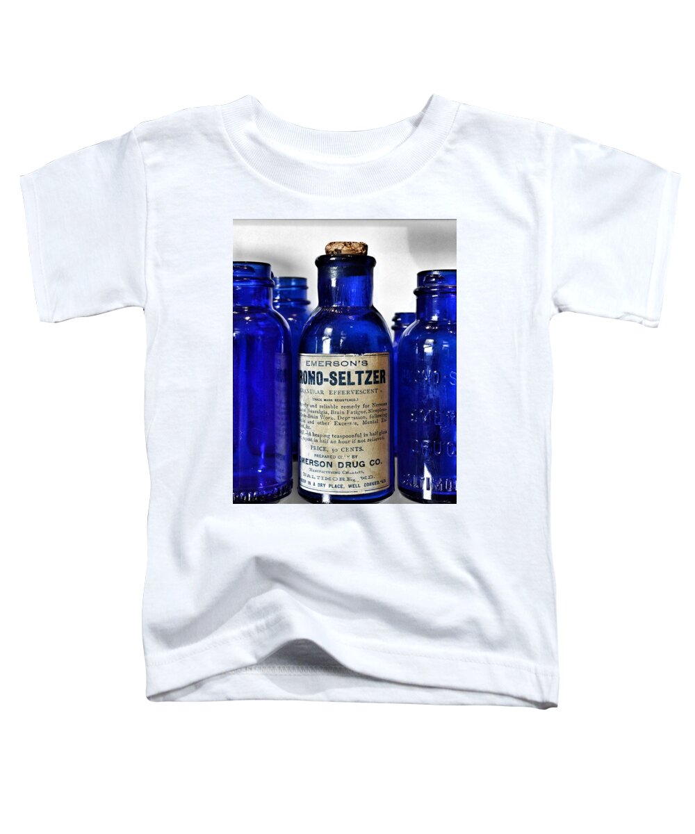 Bromo Seltzer Vintage Glass Bottles Toddler T-Shirt featuring the photograph Bromo Seltzer Vintage Glass Bottles Collection #2 by Marianna Mills