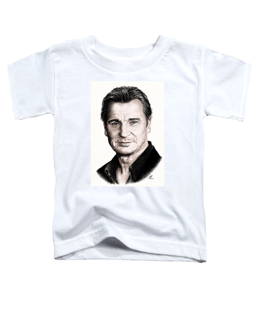 Liam Neeson Toddler T-Shirt featuring the drawing Liam Neeson #2 by Andrew Read