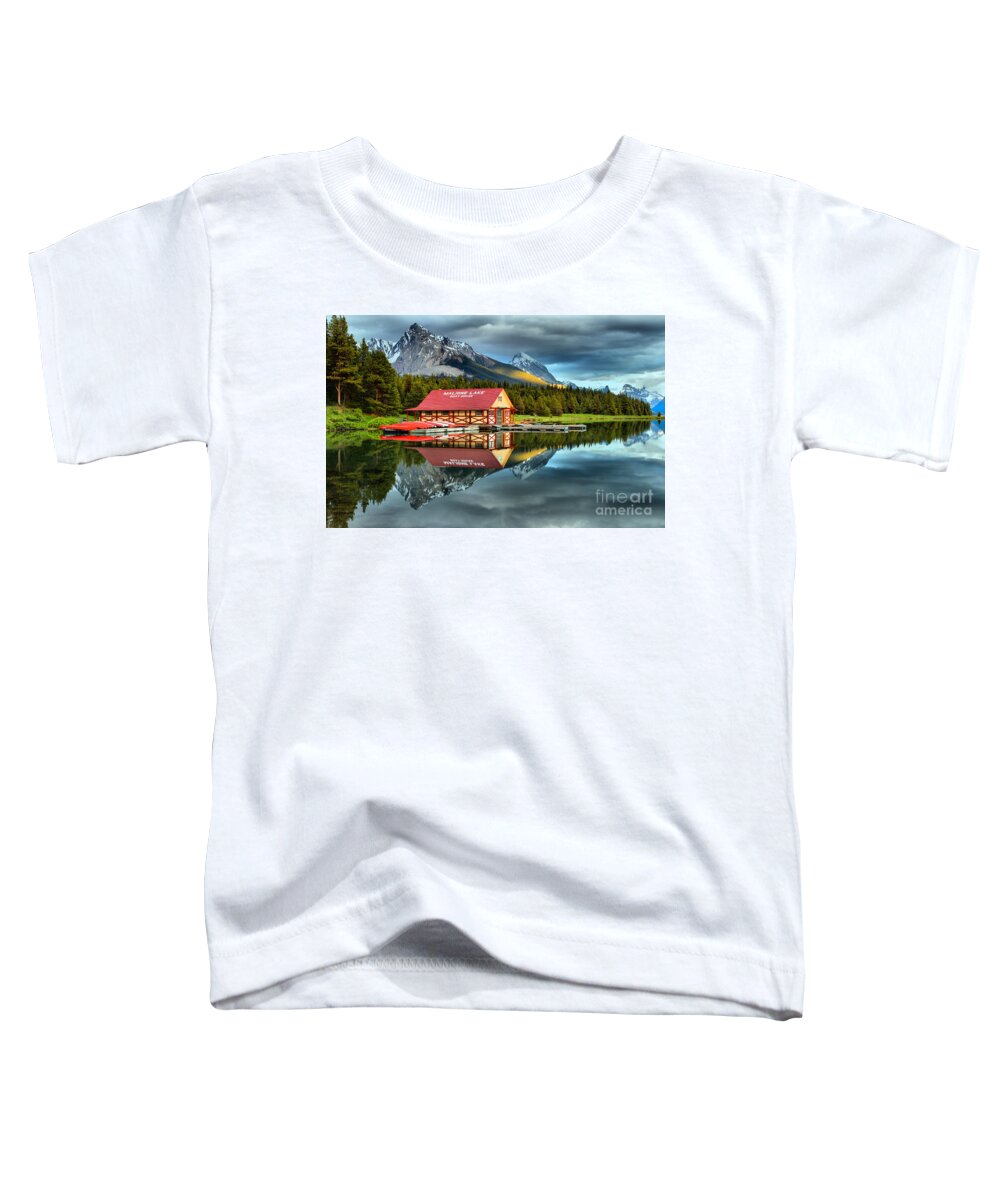Maligne Lake Toddler T-Shirt featuring the photograph A Touch Of Sunset by Adam Jewell