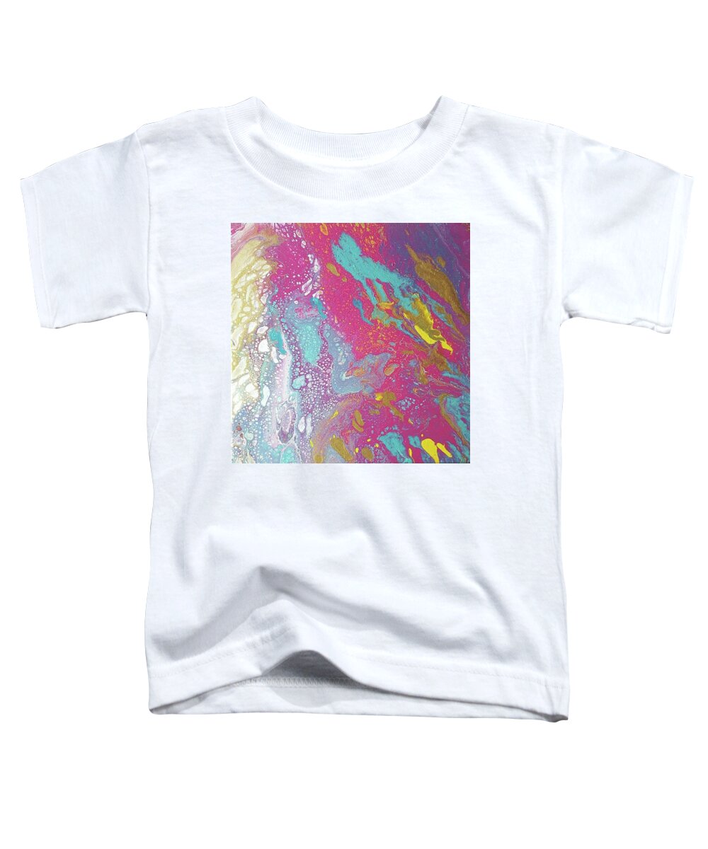 #acrylicdirtypours #abstractacrylics #abstractdirtypourpaintings #acrylics #acrylicpaintings #coolart #colorfulart #abstractacrylics #sugarplumtheband #abstractartforsale #camvasartprints #originalartforsale #abstractartpaintings Toddler T-Shirt featuring the painting Acrylic Pour with teal aqua yellow gold dark and light pink by Cynthia Silverman