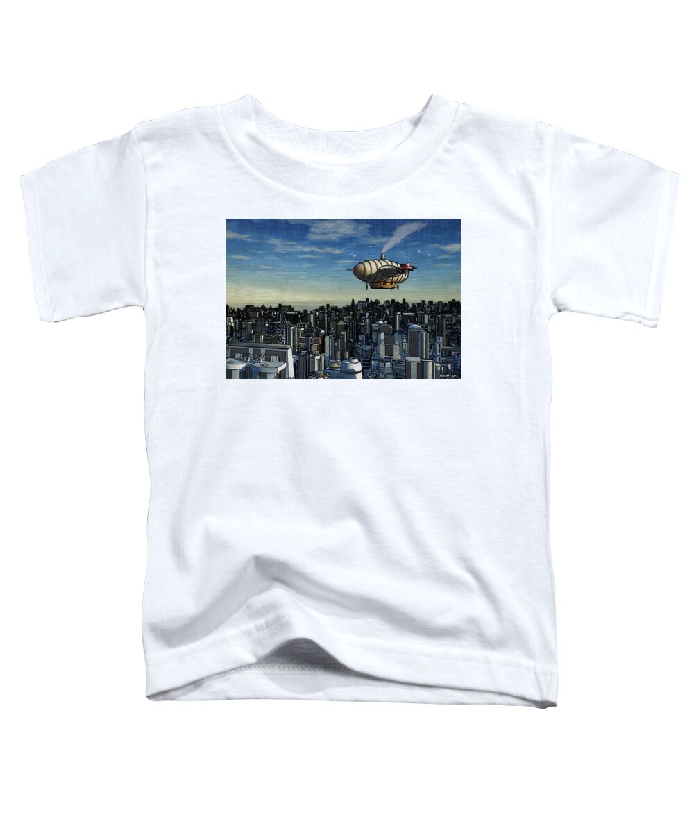 Airship Toddler T-Shirt featuring the digital art Airship Over Future City by Ken Morris