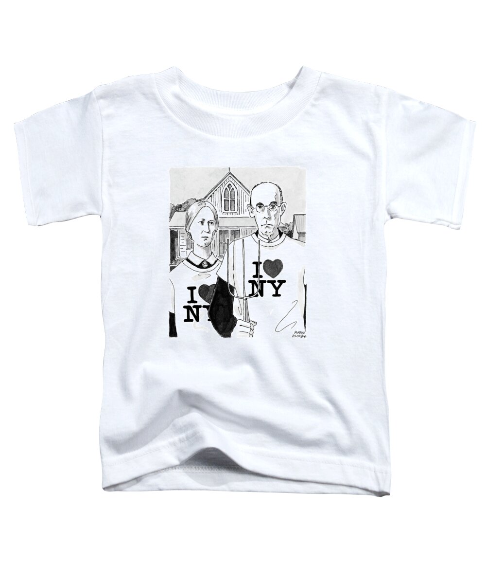 Grant Wood's American Gothic Figures Wearing I Love New York Tee Shirts. Refers To The Terrorist Attack On The World Trade Center Toddler T-Shirt featuring the drawing American Gothic by Marisa Acocella Marchetto