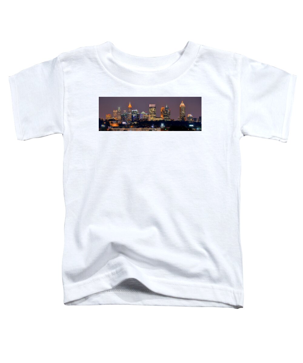 #faatoppicks Toddler T-Shirt featuring the photograph Atlanta Skyline at Night Downtown Midtown Color Panorama by Jon Holiday