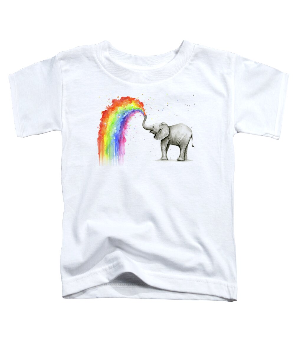 Baby Toddler T-Shirt featuring the painting Baby Elephant Spraying Rainbow by Olga Shvartsur