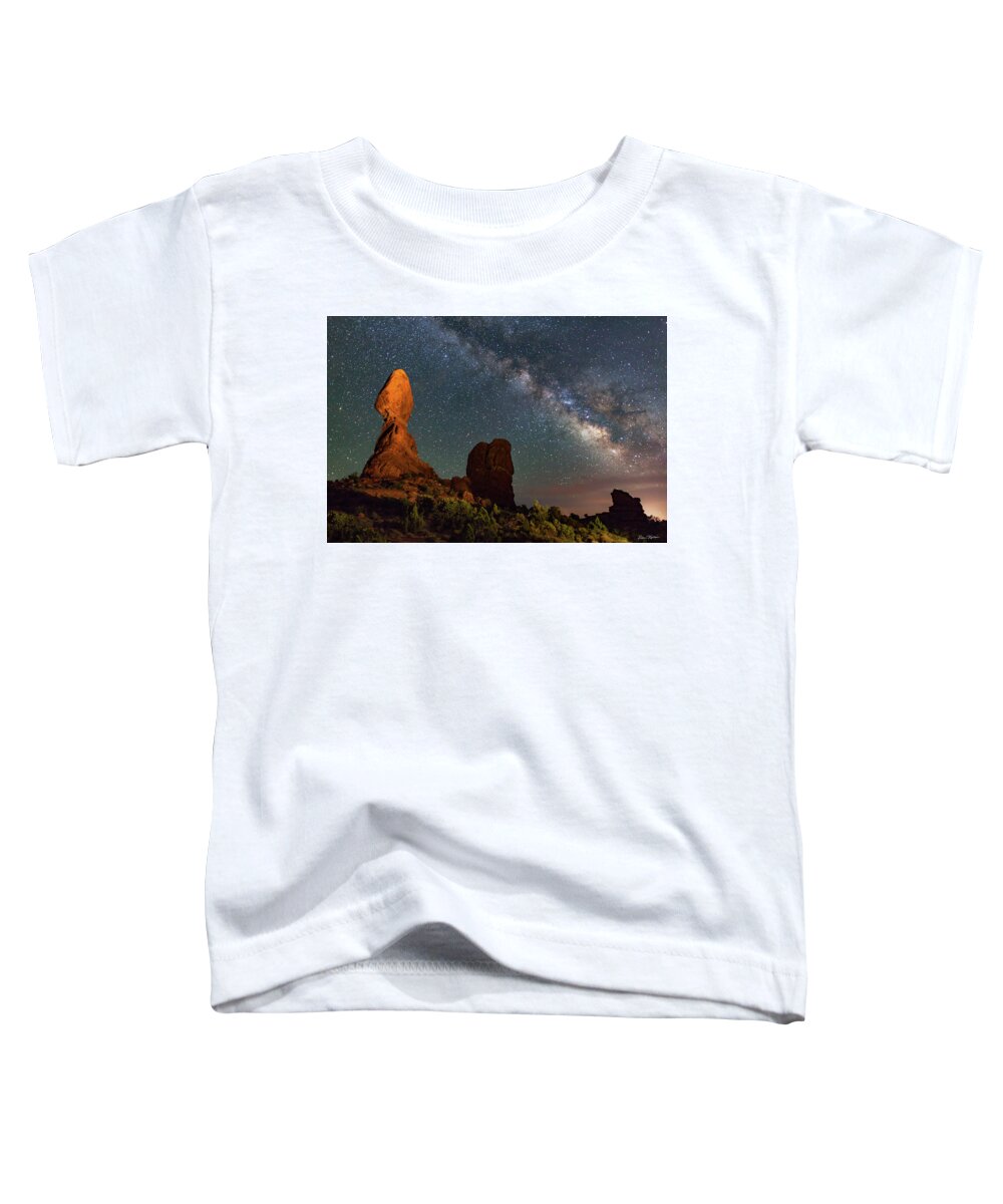 Arches National Park Toddler T-Shirt featuring the photograph Balanced Rock and Milky Way by Dan Norris