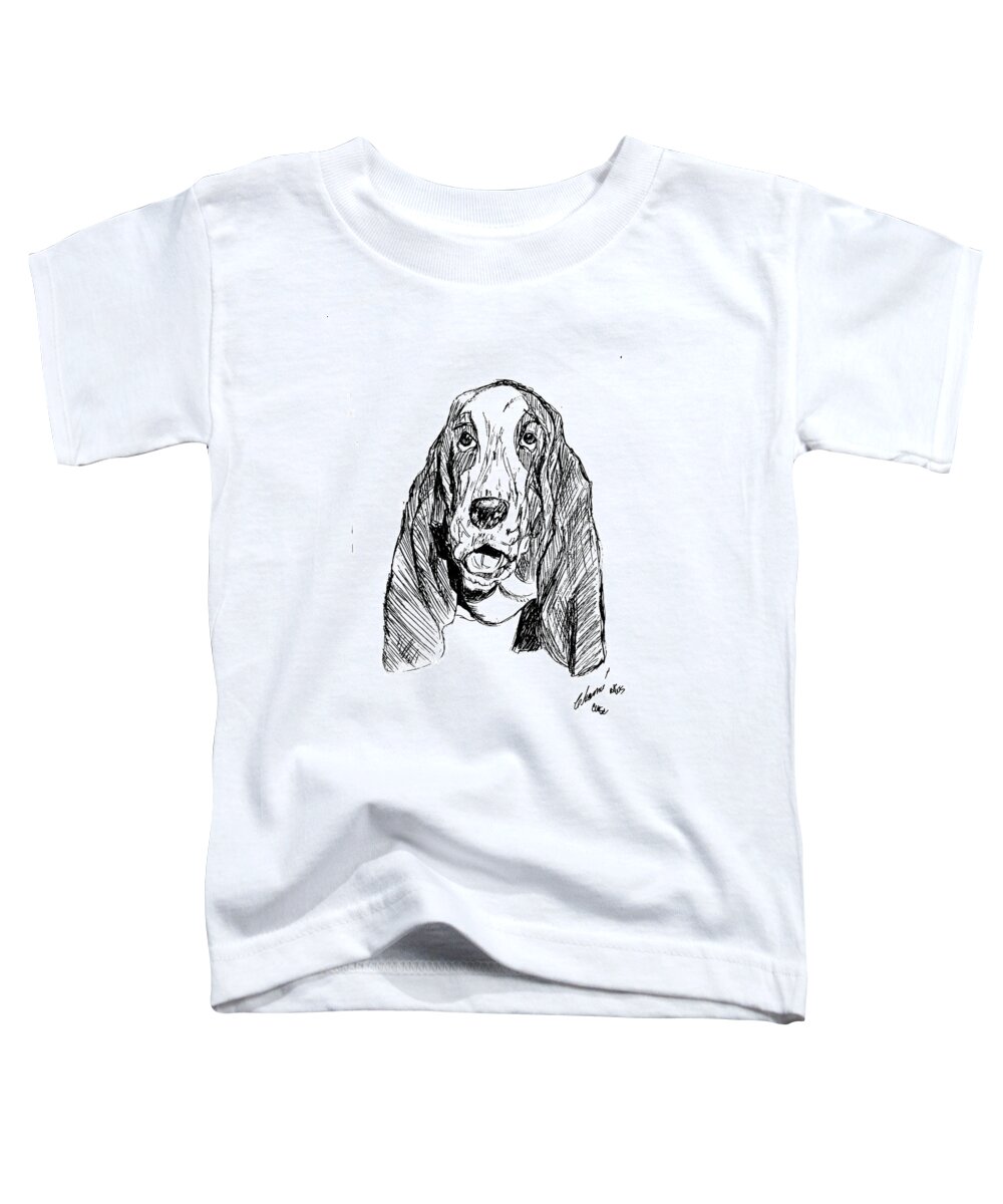 An Adult Toddler T-Shirt featuring the drawing Basset Smiling by Charme Curtin