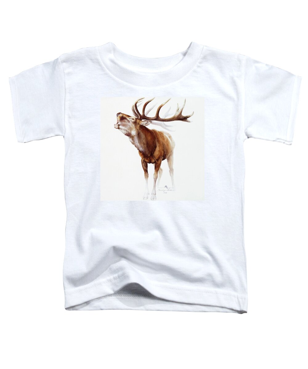  Belling Stag Toddler T-Shirt featuring the painting Belling Stag Watercolor by Attila Meszlenyi