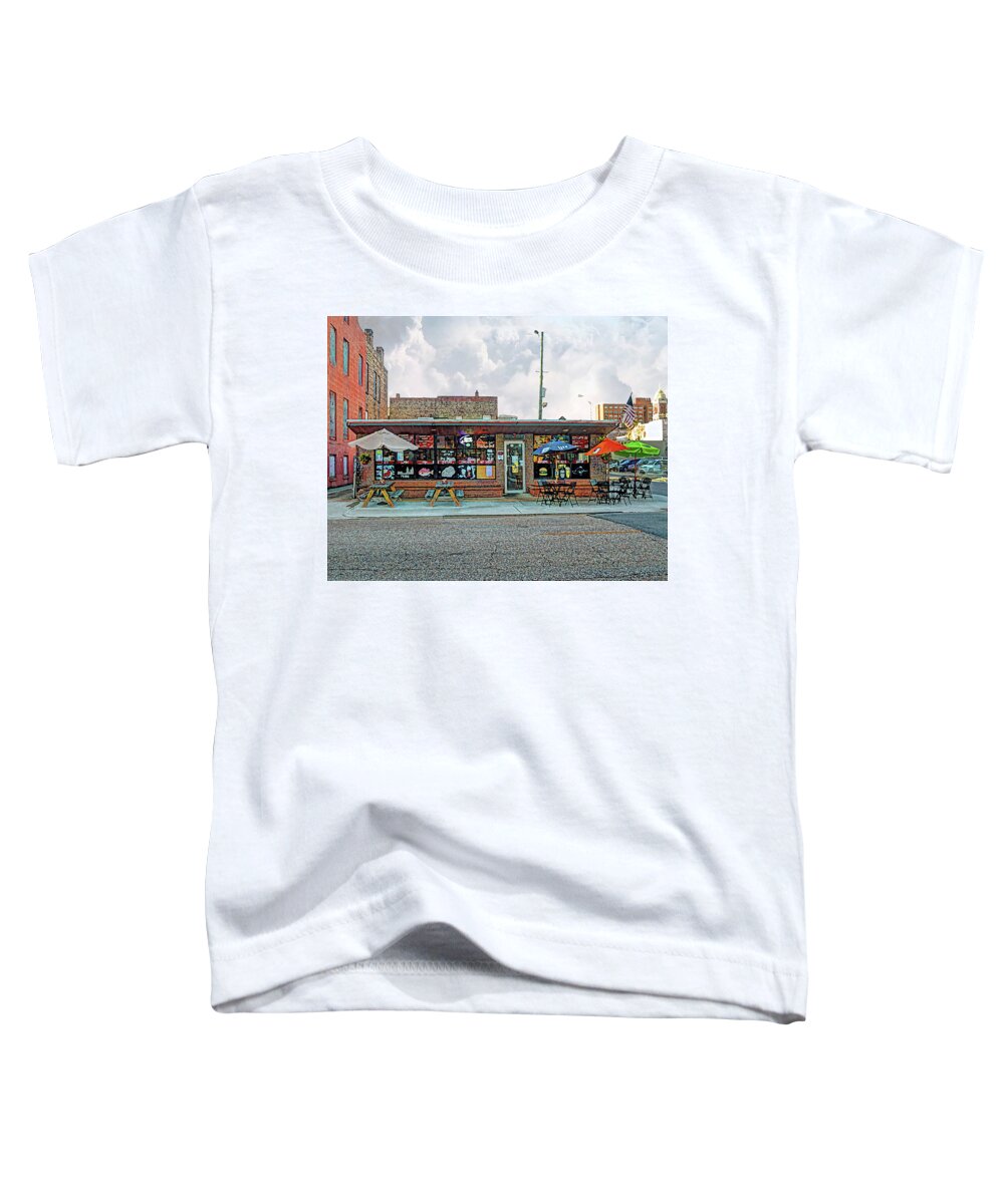 Mobile Toddler T-Shirt featuring the digital art Bobs Downtown Diner Front Door by Michael Thomas