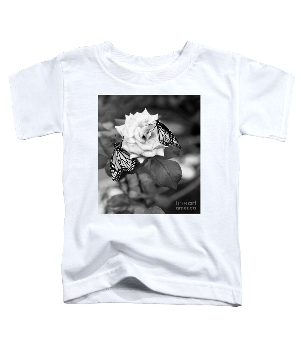 Monarch Butterflies Toddler T-Shirt featuring the photograph Butterflies and Rose Black and White by Luana K Perez
