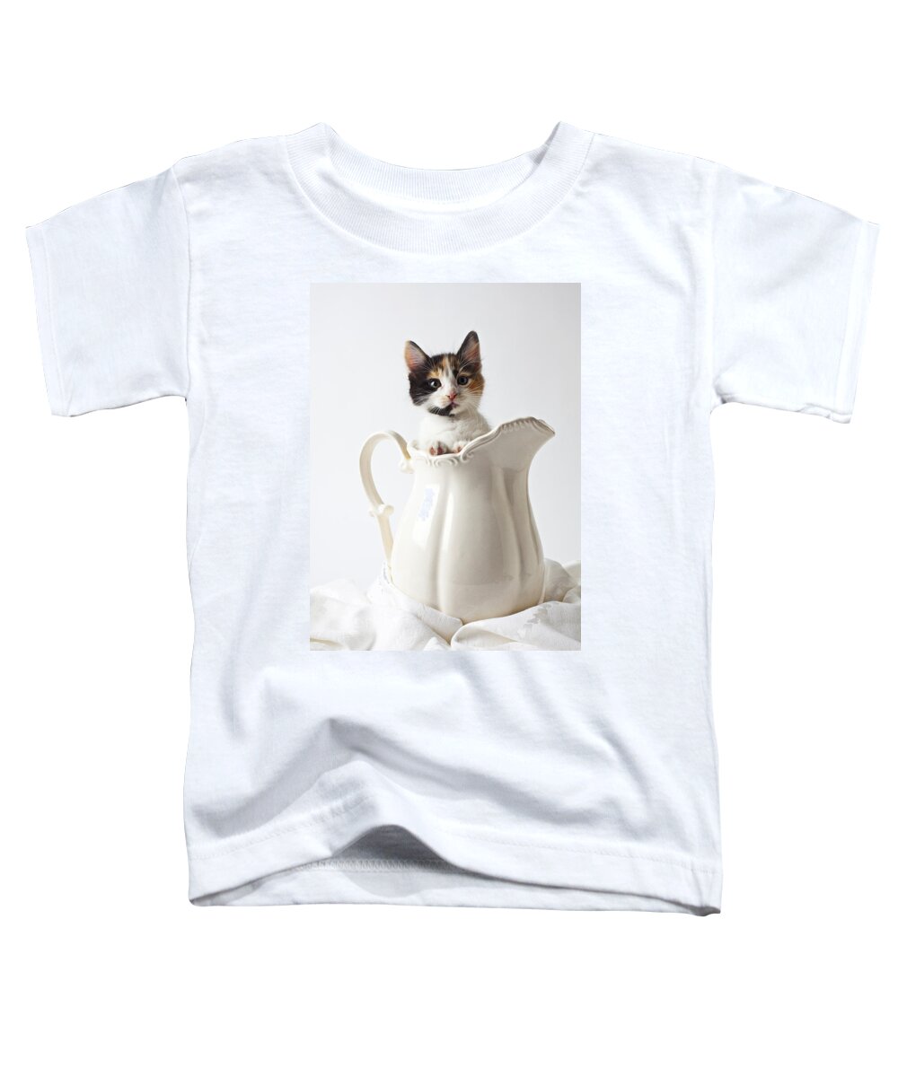 Calico Kitten White Pitcher Toddler T-Shirt featuring the photograph Calico kitten in white pitcher by Garry Gay