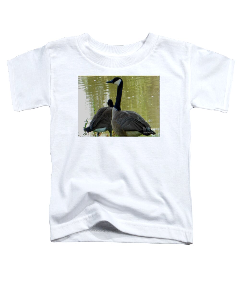Canada Goose Toddler T-Shirt featuring the photograph Canada Goose Edge of Pond by Rockin Docks Deluxephotos
