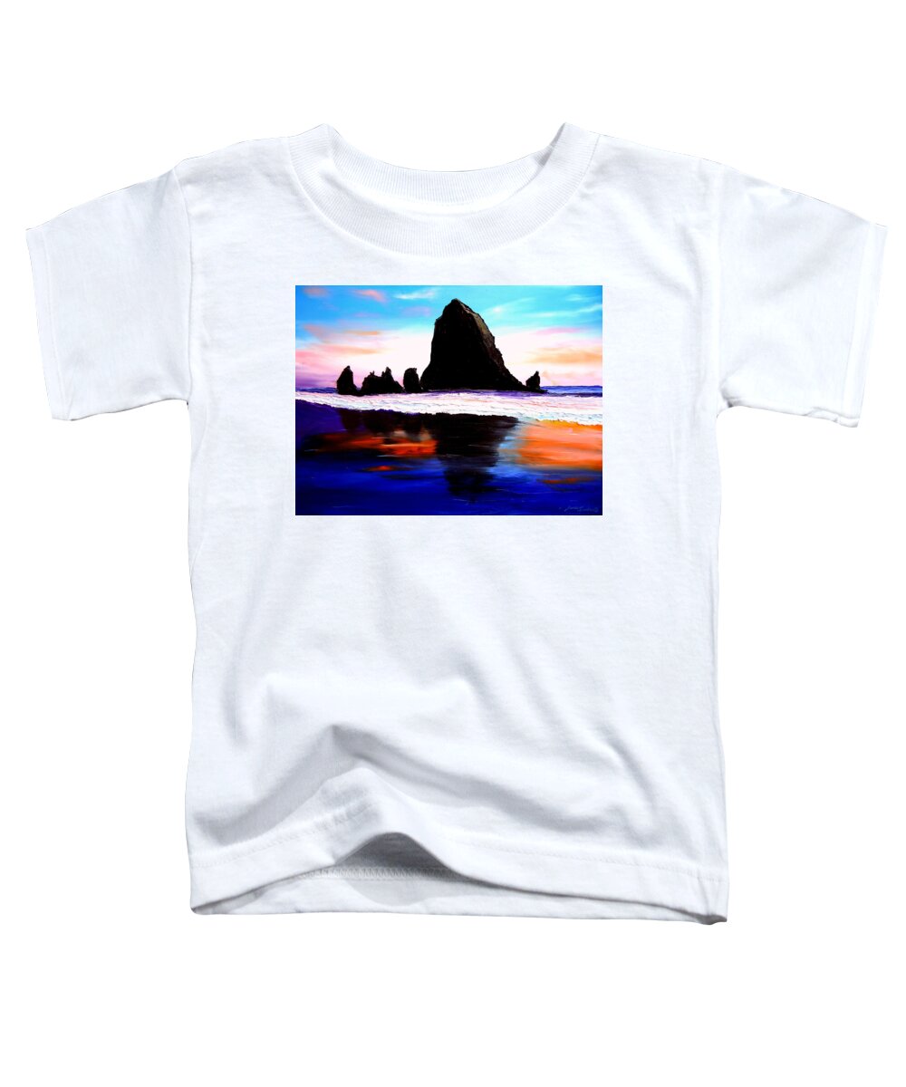  Toddler T-Shirt featuring the painting Cannon Beach Hay Stack Rocks #23 by James Dunbar