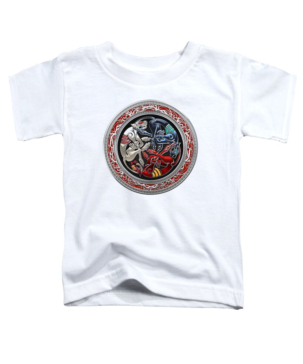 ‘celtic Treasures’ Collection By Serge Averbukh Toddler T-Shirt featuring the digital art Celtic Treasures - Three Dogs on Silver and White Leather by Serge Averbukh