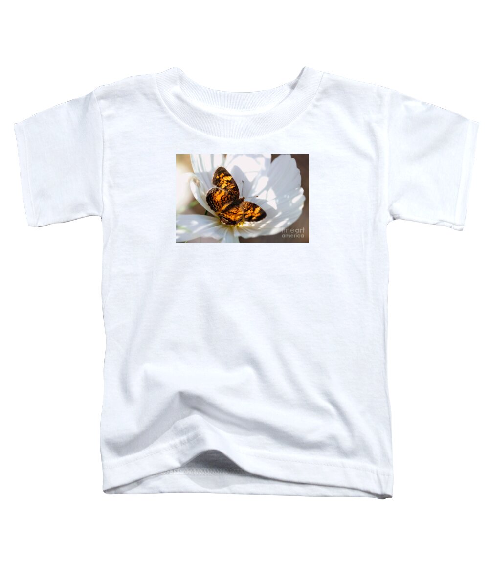 White Toddler T-Shirt featuring the photograph Pearl Crescent Butterfly on White Cosmo Flower by Angela Rath