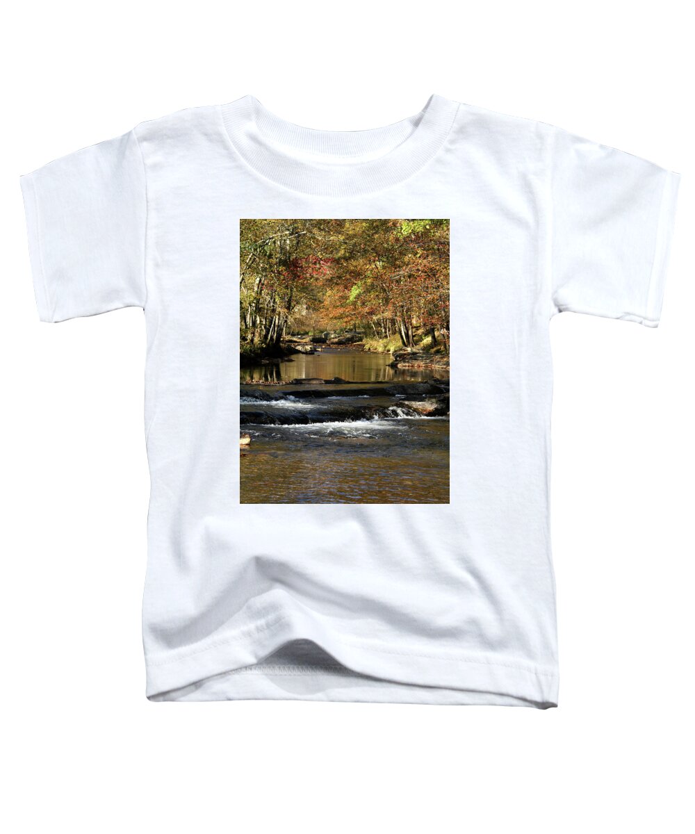 Water Toddler T-Shirt featuring the photograph Creek water flowing through woods in autumn by Emanuel Tanjala