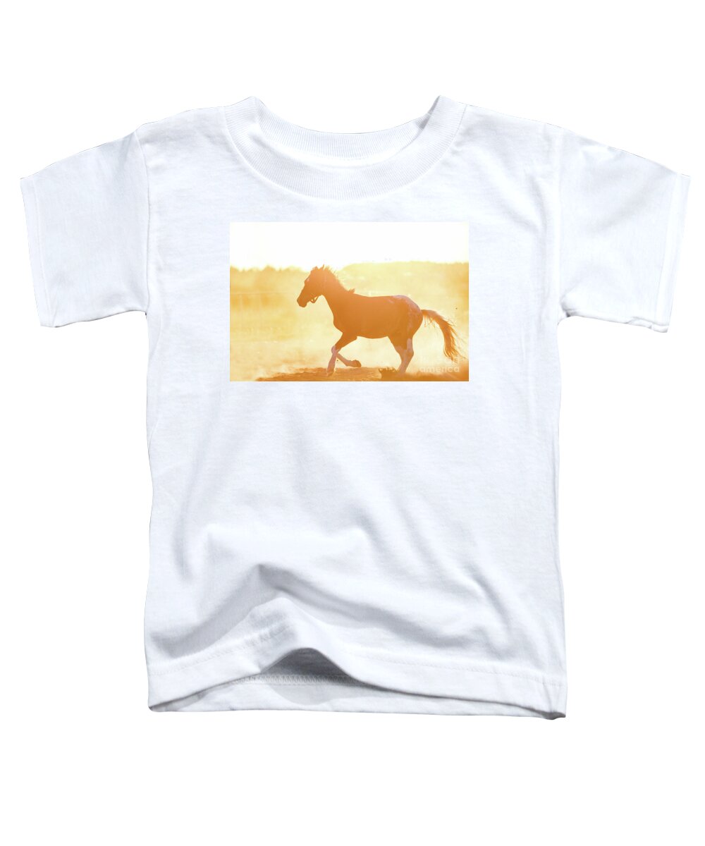 Horse Toddler T-Shirt featuring the photograph Dark purebred horse gallopading on the sand by Michal Bednarek